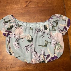 Windsor womens large light blue flowy crop top with purple flowers - worn once